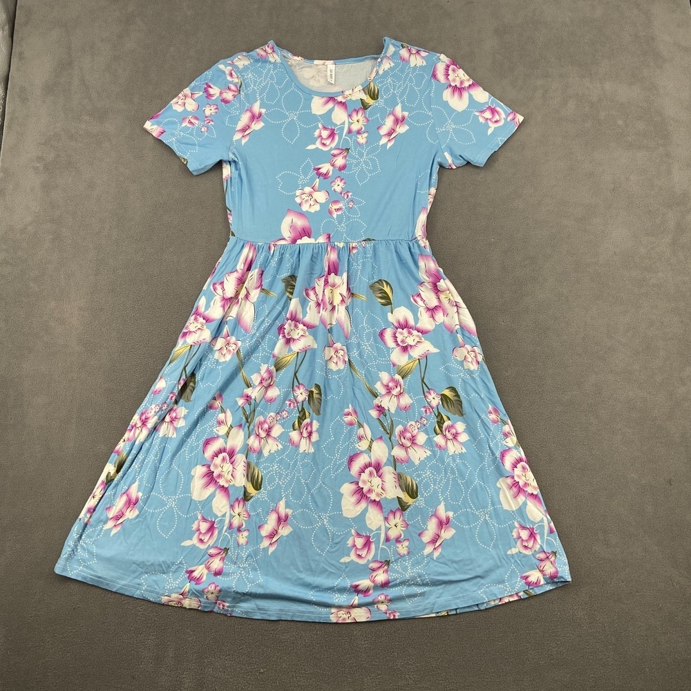 DB Moon Fit & Flare Dress Women Medium Light Blue Floral Print Round Neck Modern